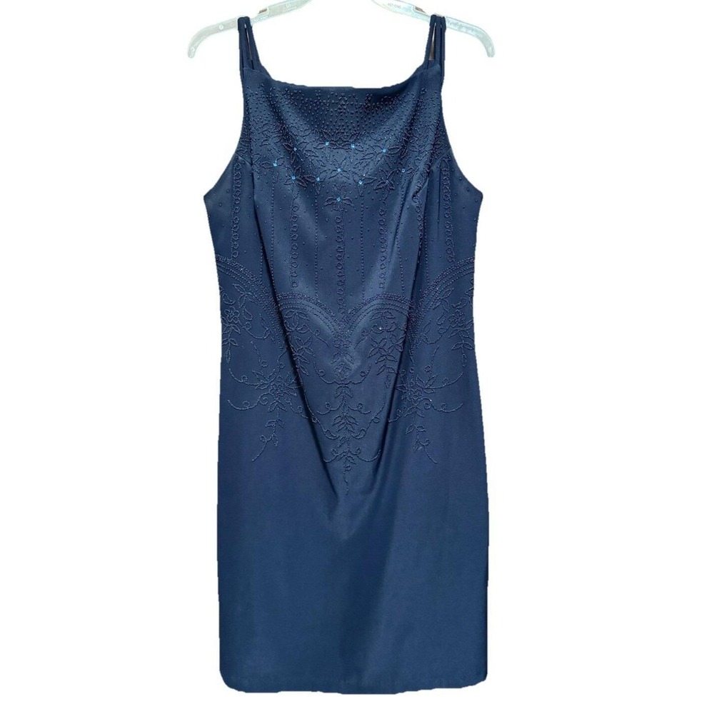 CDC Navy Blue Beaded Sheath Dress‎ Women 12 Square Neck Sleeveless SDC446 USA